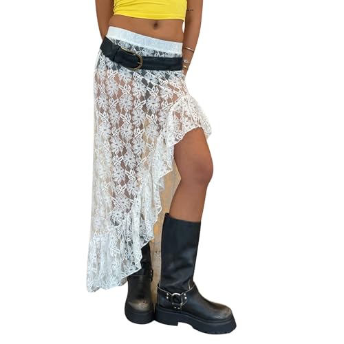 Damen Transparent Spitze Lange Rock Y2k Durchsichtig hoher Taille Asymmetrisch Rüsche Maxirock Sexy Blumen Mesh Maxi Röcke Strand Clubwear Bikini Cover Up (Weiß Stil5, M) von Alaurbeauty