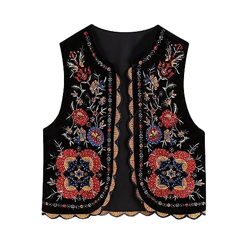 Damen Vintage Stickerei Floral Weste Y2k Ärmellose Open Shirt Crop Weste Floral Cardigan Westen Gilet Leinen Streetwear (Schwarz, M) von Alaurbeauty