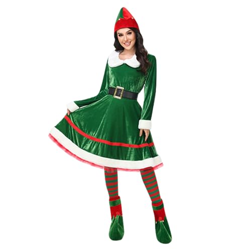 Damen Weihnachten Elf Kostüm Set mit Samt Kleid Gürtel für Cosplay (Grün, M) von Alaurbeauty