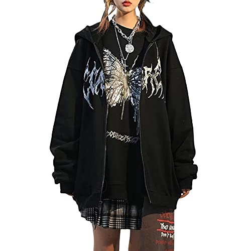 Damen Y2K Langarm Hoodie mit Butterfly Grafik Zip Up Oversized Kapuzenpullover E-Girl Gothic Harajuku Sweatshirt mit Tasche Streetwear (Schwarz, XL) von Alaurbeauty