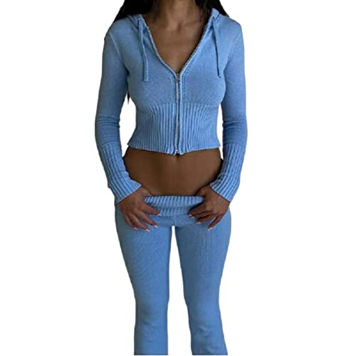 Damen Y2K Zweiteiler Hose und Pullover Strick Reißverschluss Up Crop Hoodies Vintage Sweatshirts mit Kapuze und Hose 90er Lounge Set (A-Blau, S) von Alaurbeauty