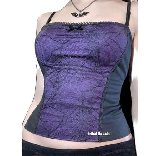 Damen Y2k Gothic Crop Top Spaghetti-Träger Spitze Tank Tops E-Mädchen Goth Punk Camisole Ärmelloses Aesthetic Camis Emo Grunge Outfit (Lila, M) von Alaurbeauty