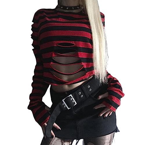 Gothic Punk T-Shirt Damen Langarm Rollkragen Crop Tops Basic Shirts Frühling Herbst T-Shirt Bluse Drucken Langarm Bauchfreier Pullover Pulli (Red, M) von Alaurbeauty