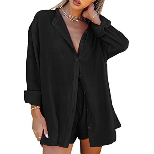 Plissee Loungewear Set Damen 2 Teilig Button Down Bluse Shirts Langarm Kurze Hose Kordelzug Short mit Top Sommer (A-Schwarz, X-Large) von Alaurbeauty