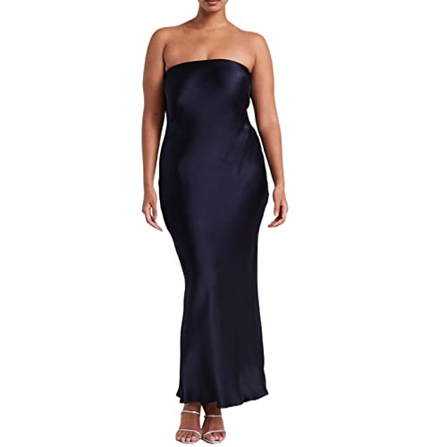 Satin Kleid Eng Damen Elegant Lang Trägerlos Maxikleid Rückenfrei Abend Kleider Formelles Cocktailkleid für Hochzeit (A-Navy blau, Small) von Alaurbeauty