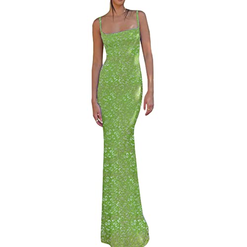 Spaghettiträger Kleid Eng Damen Lang Ärmelloses Figurbetontes Maxikleid Rückenfreies Blumendruck Sommerkleid Partykleid (A-Grün, Medium) von Alaurbeauty