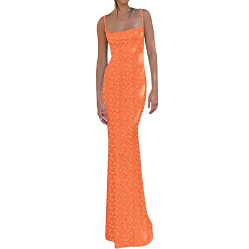 Spaghettiträger Kleid Eng Damen Lang Ärmelloses Figurbetontes Maxikleid Rückenfreies Blumendruck Sommerkleid Partykleid (A-orange, Medium) von Alaurbeauty