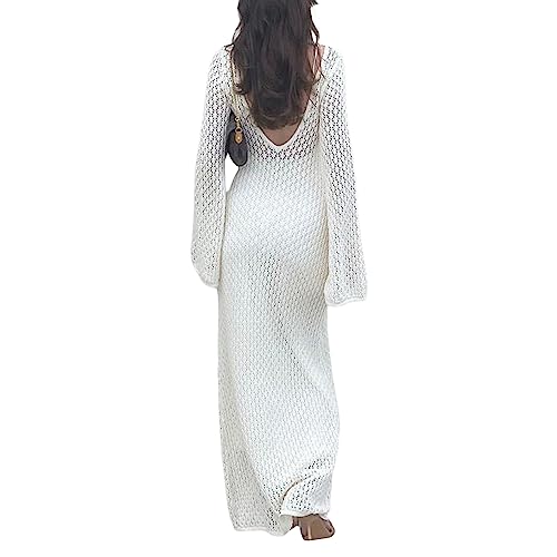 Women Elegant Long Knit Dress Solid Color Hollow-Out Deep V-Neck Long Sleeve Bodycon Dress Fall Backless Holiday Dress (White, S) von Alaurbeauty