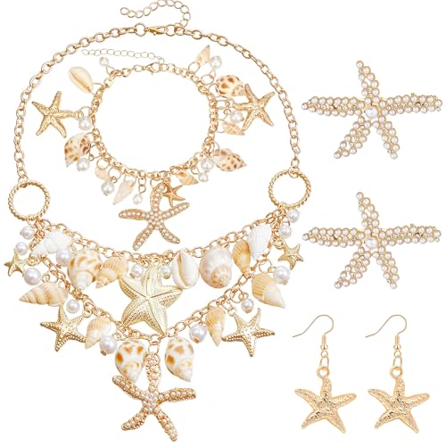 Alaxciax Frauen Meerjungfrau Kostüm Schmuck Set, Meerjungfrau Kostüm Zubehör Seestern Muschel Halskette Armband Perlen Seestern Haarspange Ohrringe Strandschmuck für Karneval (weiß) Alaxciax Frauen Meerjungfrau Kostüm Schmuck Set, Meerjungfrau Kostüm Zubehör Seestern Muschel Halskette Armband Perlen Seestern Haarspange Ohrringe Strandschmuck für Karneval (weiß) von Alaxciax