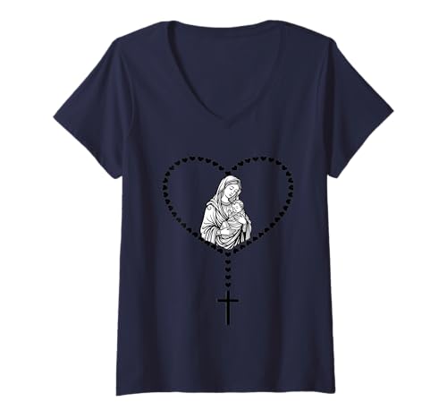 Damen Der Heilige Rosenkranz Jungfrau Maria Katholiken Herz T-Shirt mit V-Ausschnitt Damen Der Heilige Rosenkranz Jungfrau Maria Katholiken Herz T-Shirt mit V-Ausschnitt von Albaley Catholic Gifts