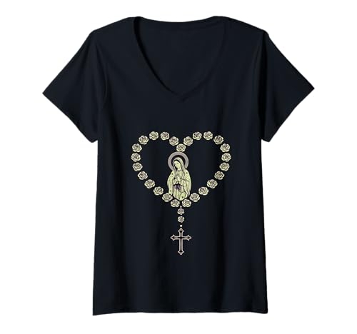 Damen Der Heilige Rosenkranz Jungfrau Maria Katholiken Herz T-Shirt mit V-Ausschnitt Damen Der Heilige Rosenkranz Jungfrau Maria Katholiken Herz T-Shirt mit V-Ausschnitt von Albaley Catholic Gifts