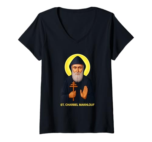 Damen San Charbel Makhlouf, Heiliger Wundermönch, bete für Uns! T-Shirt mit V-Ausschnitt von Albaley Catholic Gifts
