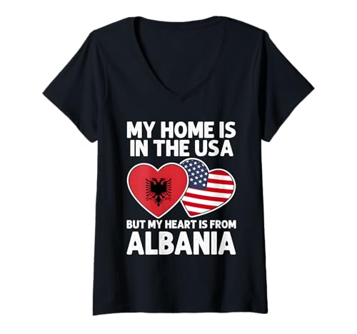Damen My Home USA My Heart Albanien Albanian American Pride Flagge T-Shirt mit V-Ausschnitt von Albania Pride Flag Apparel