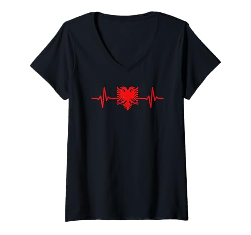 Damen Albaner Herzschlag Albanische Adler Flagge Albanien T-Shirt mit V-Ausschnitt von Albanien Geschenke Tirana Shqiponja Albania