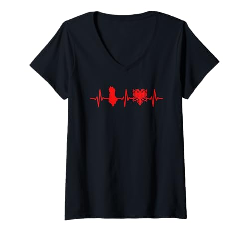 Damen Albaner Herzschlag Albanische Adler Flagge Albanien T-Shirt mit V-Ausschnitt von Albanien Geschenke Tirana Shqiponja Albania