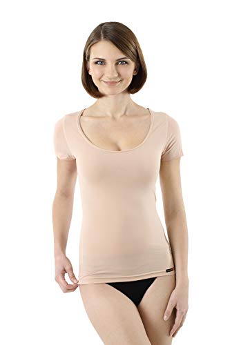 ALBERT KREUZ unsichtbares Damen Business Unterhemd mit Kurzarm und tiefem Rundausschnitt U-Neck in Hautfarbe aus Leichter Stretch-Baumwolle extra-lang, Gr. XL / 42-44 von ALBERT KREUZ