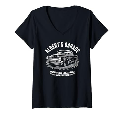 Damen Albert's Garage Oldtimer personalisiertes Albert-Design T-Shirt mit V-Ausschnitt Damen Albert's Garage Oldtimer personalisiertes Albert-Design T-Shirt mit V-Ausschnitt von Albert's Hotrod Garage Designs for the Name Albert