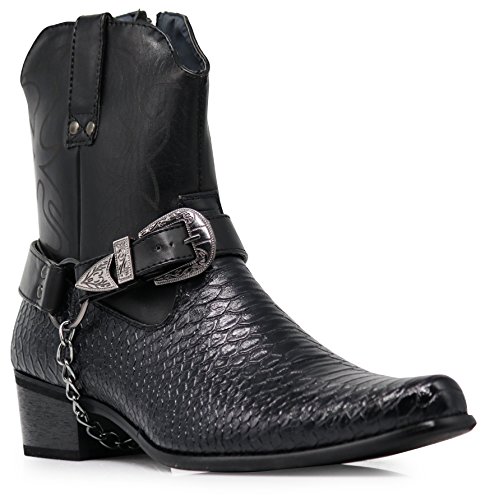 Alberto Fellini Herren Westernstiefel Cowboystiefel Croco Prints mit seitlichem Reißverschluss, Gürtelschnalle und Metallkette, Schwarz (schwarz), 43 EU von Alberto Fellini