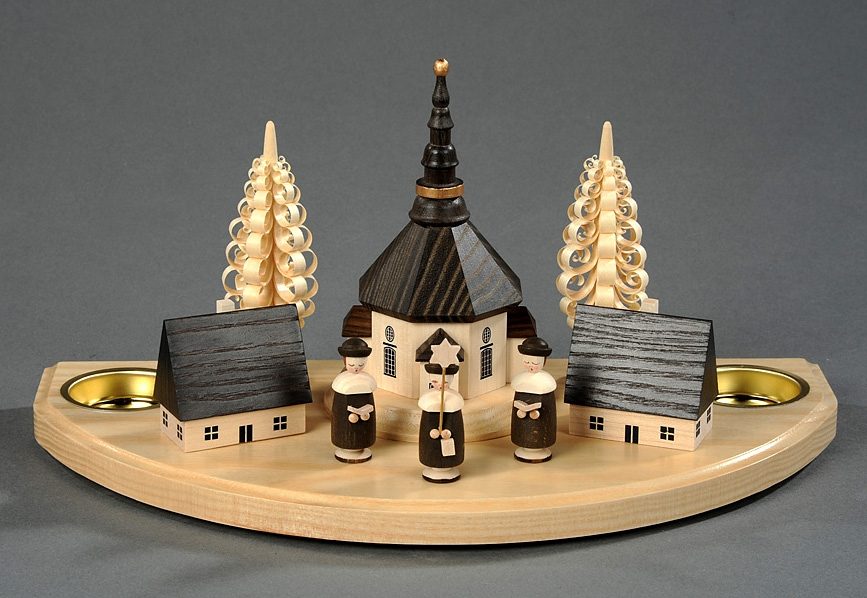 Albin Preissler Teelichthalter "Seiffener Dorf mit Kurrende, Handwerkskunst aus dem Erzgebirge" weihnachtlicher Kerzenhalter aus Eschenholz von Albin Preissler