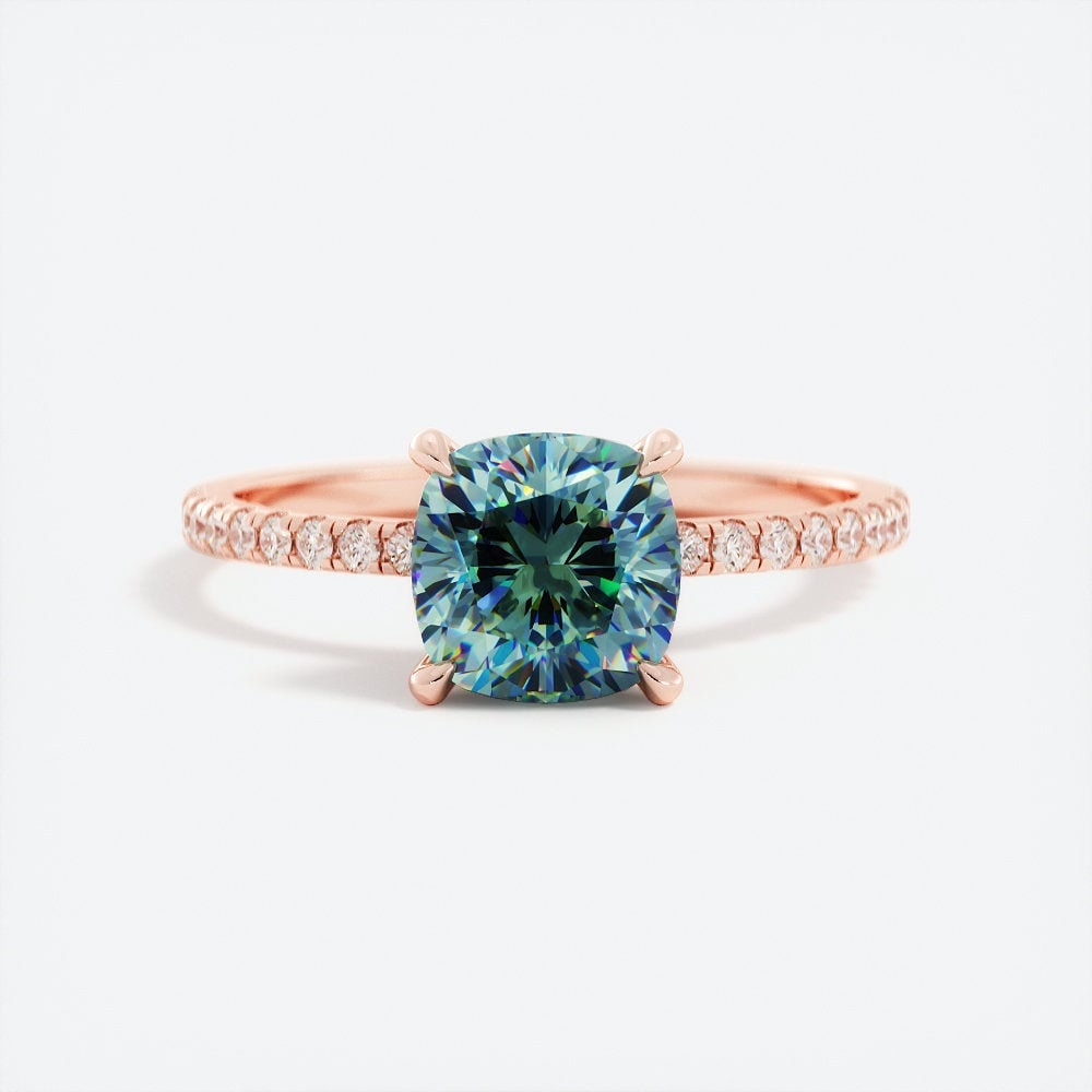 Blaugrüner Saphir Versteckter Halo-Diamant-Verlobungsring 14K Gold, Saphir-Diamant-Ring, Montana-Saphir-Ring, Kissenschliff-Saphir-Ring von AlbrechtJewellery