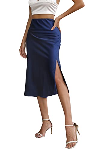 ALCEA ROSEA Damen Midirock aus seidigem Satin, hohe Taille, elastische Taille, A-Linie, ausgestellter Rock mit Schlitz, navy, Klein von Alcea Rosea