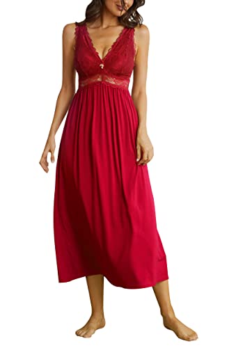 ALCEA ROSEA Damen Nachtwäsche Spitze Dessous Chemises V Ausschnitt Nachthemd Lang Sexy Schlafkleid Ärmellos Spitze für Frauen Elegant, Rot/Ausflug, einfarbig (Getaway Solids), XXX-Large von Alcea Rosea