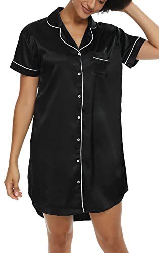 Alcea Rosea Damen Freund Nachthemd Satin Schlafshirt Kurze Ärmel Button Down Schlafkleid Nightie Nachtwäsche (Schwarz,S) von Alcea Rosea