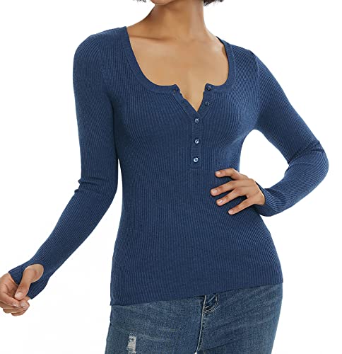 Alcea Rosea Damen Henley Pullover Gerippt Langarm Slim Fit Einfarbige Strickpullover Knöpfe mit Daumenloch Basic Oberteile S-XL(Fog Blue,M) von Alcea Rosea