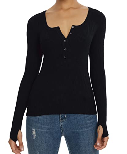 Alcea Rosea Damen Henley Pullover Gerippt Langarm Slim Fit Einfarbige Strickpullover Knöpfe mit Daumenloch Basic Oberteile S-XL(schwarz, S) von Alcea Rosea