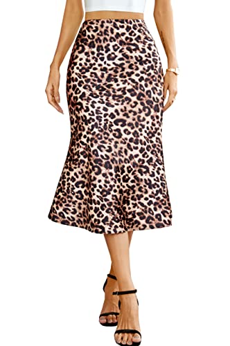 Alcea Rosea Damen High Waist Midi Rock Fishtail Seidiger Satinrock Business Bleistiftrock Party Cutting Rock S-XXXL（Gold Leopard,L von Alcea Rosea