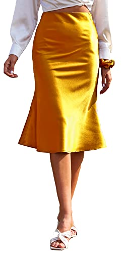 Alcea Rosea Damen High Waist Midi Rock Fishtail Seidiger Satinrock Business Bleistiftrock Party Cutting Rock S-XXXL (Gold-gelb,XXL) von Alcea Rosea