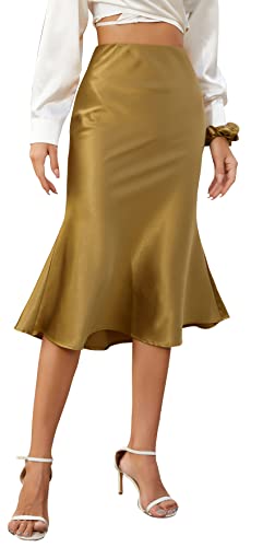 Alcea Rosea Damen High Waist Midi Rock Fishtail Seidiger Satinrock Business Bleistiftrock Party Cutting Rock S-XXXL (Reiches Gold,S) von Alcea Rosea