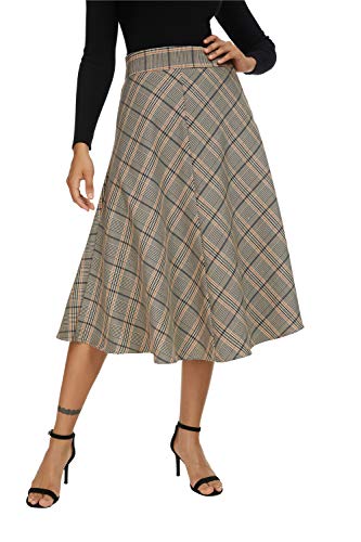 Alcea Rosea Damen High Waist Plaid Midirock A-Linie Chic Elastic Waist Flare Long Rock S-XXL (Klassisches Grau, Medium) von Alcea Rosea