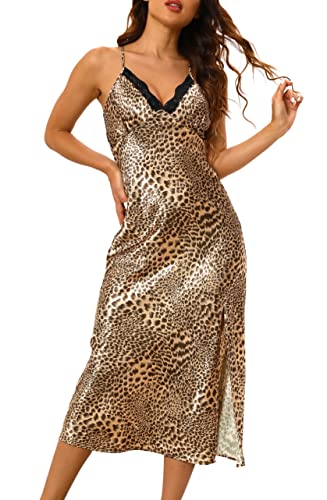 Alcea Rosea Damen Lange Satin Negligee Nachthemden Spitze Dessous Chemises Nachtwäsche Hohe Split Sexy Slip Seidige Nachthemd (Leopard, S) von Alcea Rosea