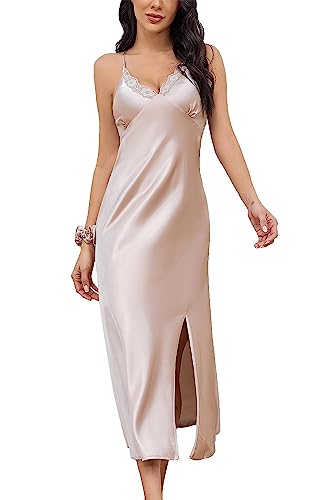 Alcea Rosea Damen Lange Satin Negligee Nachthemden Spitze Dessous Chemises Nachtwäsche Hohe Split Sexy Slip Seidige Nachthemd (Milky Tea, XL) von Alcea Rosea