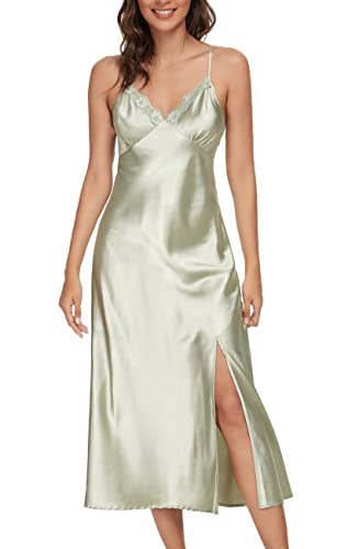 Alcea Rosea Damen Lange Satin Negligee Nachthemden Spitze Dessous Chemises Nachtwäsche Hohe Split Sexy Slip Seidige Nachthemd (Moss Green, XXXL) von Alcea Rosea