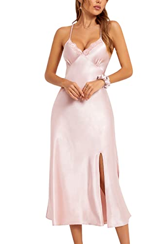 Alcea Rosea Damen Lange Satin Negligee Nachthemden Spitze Dessous Chemises Nachtwäsche Hohe Split Sexy Slip Seidige Nachthemd (Pearl Pink, M) von Alcea Rosea