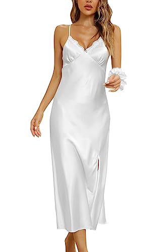 Alcea Rosea Damen Lange Satin Negligee Nachthemden Spitze Dessous Chemises Nachtwäsche Hohe Split Sexy Slip Seidige Nachthemd (Pearl White, XL) von Alcea Rosea