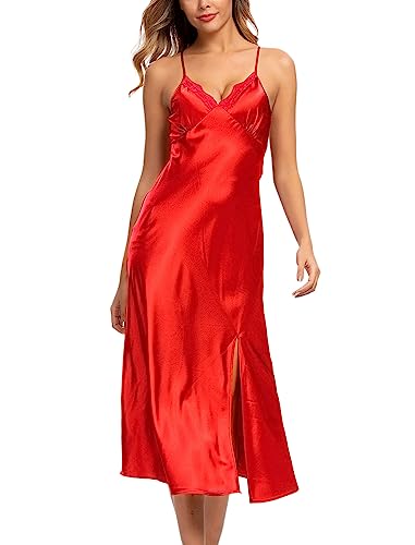 Alcea Rosea Damen Lange Satin Negligee Nachthemden Spitze Dessous Chemises Nachtwäsche Hohe Split Sexy Slip Seidige Nachthemd (Red, XL) von Alcea Rosea