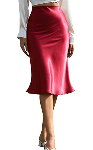 Alcea Rosea Damen High Waist Midi Rock Fishtail Seidiger Satinrock Business Bleistiftrock Party Cutting Rock S-XXXL (Weinrot, S) von Alcea Rosea