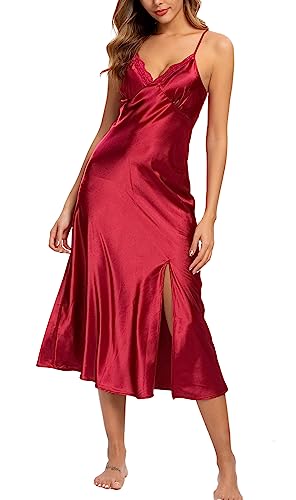 Alcea Rosea Damen Satin Nachthemd Spitze Ärmellose Dessous mit V-Ausschnitt Nachtwäsche Sexy rückenfreie Satin Slip Silk Negligee S-XXXL(Burgunder Satin, L) von Alcea Rosea