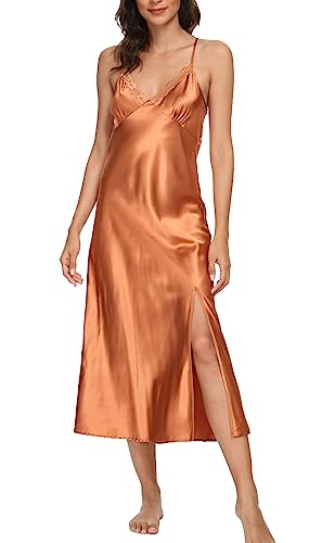 Alcea Rosea Damen Satin Nachthemd Spitze Ärmellose Dessous mit V-Ausschnitt Nachtwäsche Sexy rückenfreie Satin Slip Silk Negligee S-XXXL (Karamell, M) von Alcea Rosea