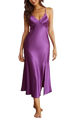 Alcea Rosea Damen Satin Nachthemd Spitze Ärmellose Dessous mit V-Ausschnitt Nachtwäsche Sexy rückenfreie Satin Slip Silk Negligee S-XXXL (Lila Satin, M) von Alcea Rosea