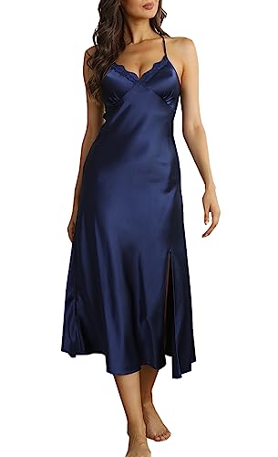 Alcea Rosea Damen Satin Nachthemd Spitze Ärmellose Dessous mit V-Ausschnitt Nachtwäsche Sexy rückenfreie Satin Slip Silk Negligee S-XXXL (Marine Satin, M) von Alcea Rosea