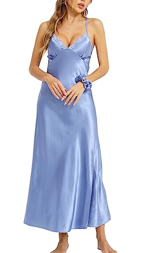 Alcea Rosea Damen Satin Nachthemd Spitze Ärmellose Dessous mit V-Ausschnitt Nachtwäsche Sexy rückenfreie Satin Slip Silk Negligee S-XXXL (Mitternachtsblau, XL) von Alcea Rosea