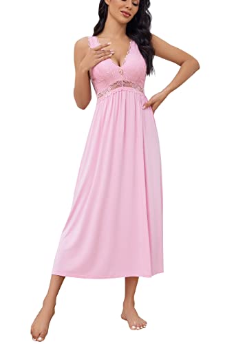 Alcea Rosea Damen Spitze Nachthemd Lang Sexy V Ausschnitt Nachtwäsche ärmelloses Negligee Elegante S-XXXL(Pulver,XL) von Alcea Rosea