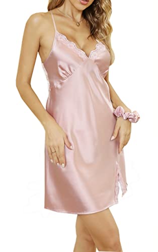 Alcea Rosea Damen Satin Nachthemd Kurz Sexy Babydoll V Ausschnitt Spitze Nachtkleid Seide Slip Negligee Nachtwäsche Sommer (A-Perle Rosa, L) von Alcea Rosea