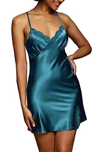 Alcea Rosea Damen Satin Nachthemd Kurz Sexy Babydoll V Ausschnitt Spitze Nachtkleid Seide Slip Negligee Nachtwäsche Sommer (A-schwärzliches Grün, M) von Alcea Rosea