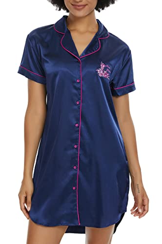 Alcea Rosea Damen Nightshirt Boyfriend Style Nachthemd Kurzarm Satin Nachthemd Loungewear für Frauen S-XXL(Marineblau, S) von Alcea Rosea