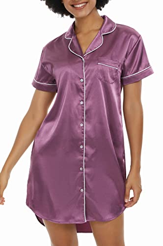 Alcea Rosea Damen Nightshirt Boyfriend Style Nachthemd Kurzarm Satin Nachthemd Loungewear für Frauen S-XXL(Taro Lila, L) von Alcea Rosea
